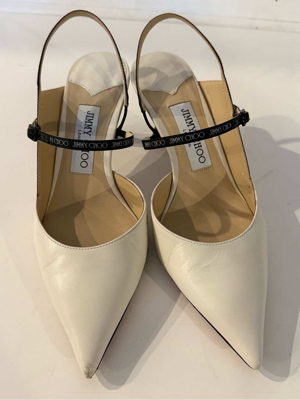Jimmy Choo Ivory Pointed Leather Slingback Pumps with Branded Black Strap